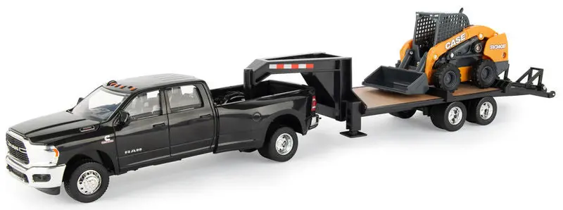 #47155 1/32 Dodge Ram 3500 Dually Crew Cab With Gooseneck Flatbed Trailer & Case Sv340b Skid Steer 1