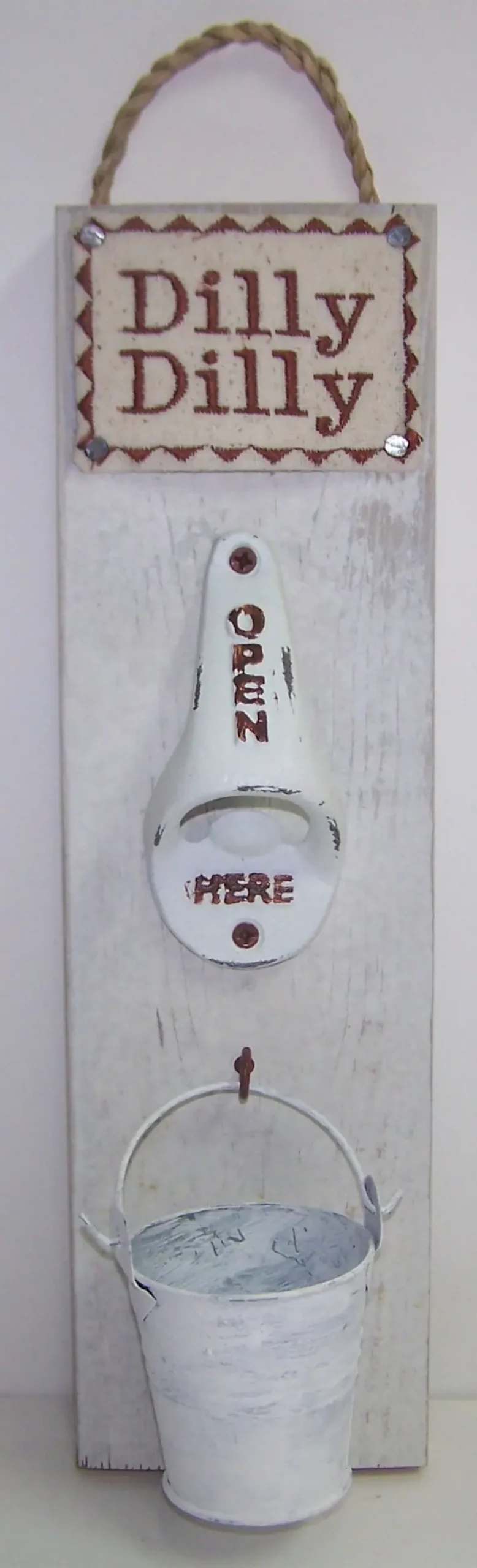 #7912 Wooden Hanging Dilly-Dilly Bottle Opener White 1