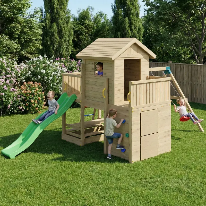 Go Wild Explorers Cabin Wooden Climbing Play Tower Plus Swings & 8Ft Slide 1