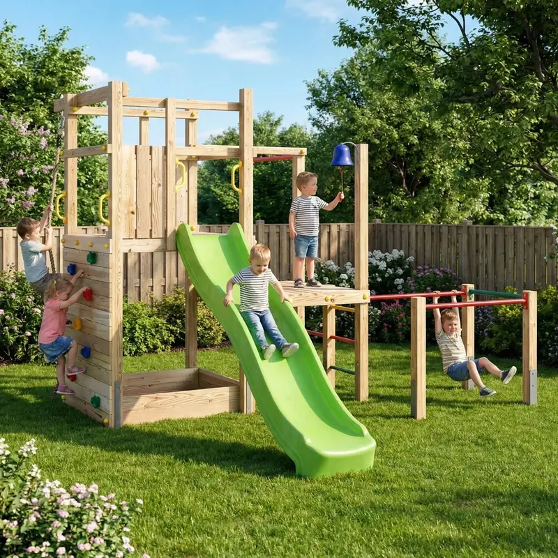 Go Wild Fitness Fort Wooden Climbing Tower With Gym Bars & 8Ft Slide 1