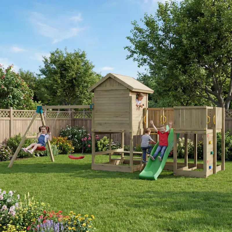 Go Wild Lookout Lodge Wooden Climbing Play Tower Plus Swings & 8Ft Slide 1