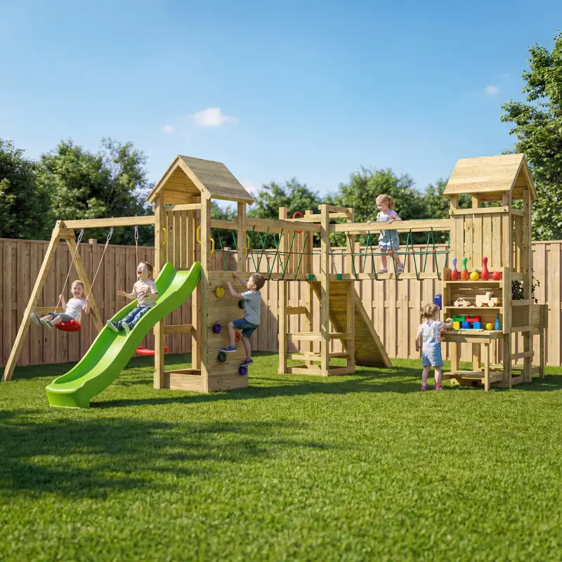 Go Wild Pioneers Pass Wooden Swing Climbing Tower With Bridge & Slide 1