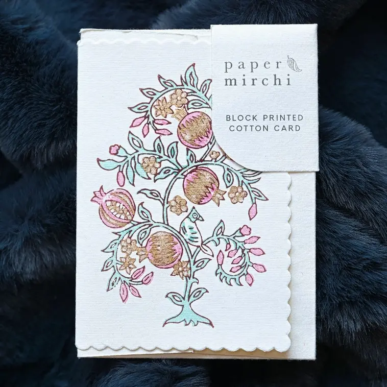 Hand Block Printed Single Card- Pomegrantes And Birds 1