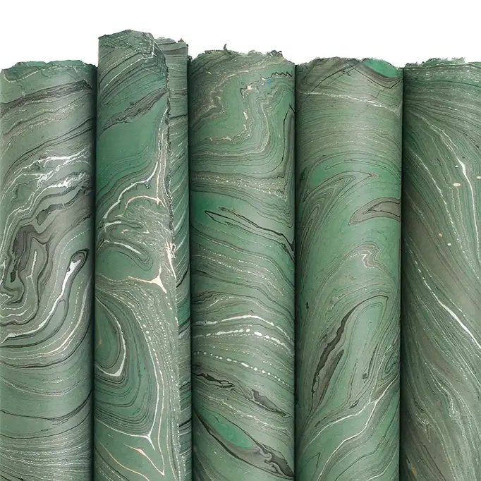 Handmade Marbled Paper- Dark Green With Black, Silver, Gold 1