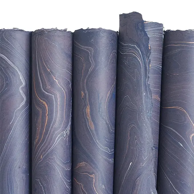 Handmade Marbled Paper- Dark Purple With Ochre And White 1