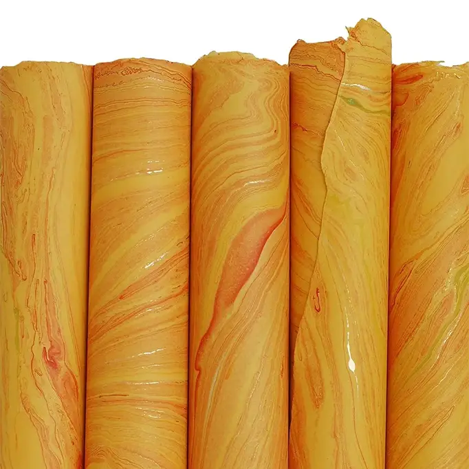 Handmade Marbled Paper- Goldenrod With Gold, Red, And Lime 1