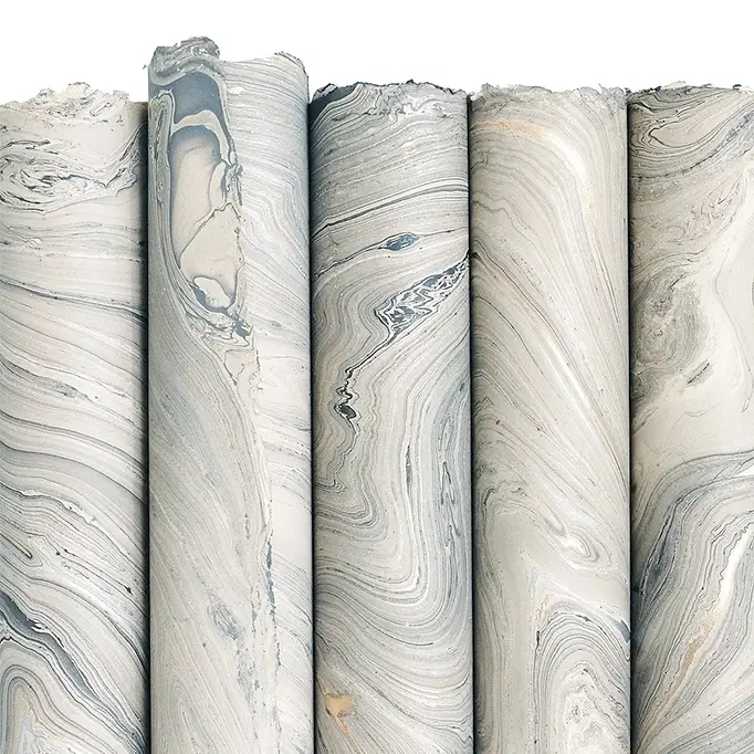Handmade Marbled Paper- Light Gray With Silver/Gold And Black 1
