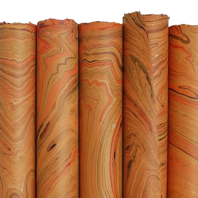 Handmade Marbled Paper- Orange With Green, Red, Gold 1