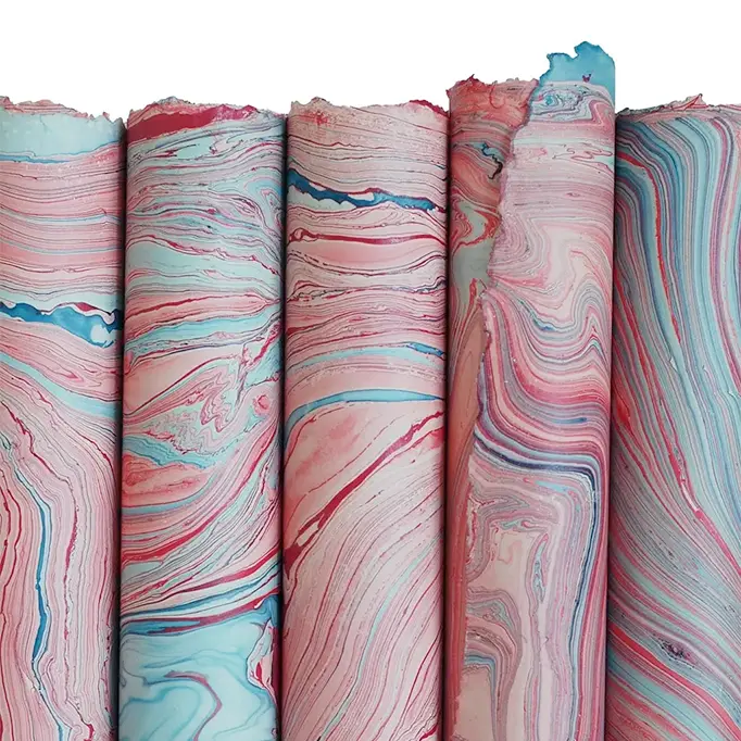 Handmade Marbled Paper- Red With Light And Dark Blues 1