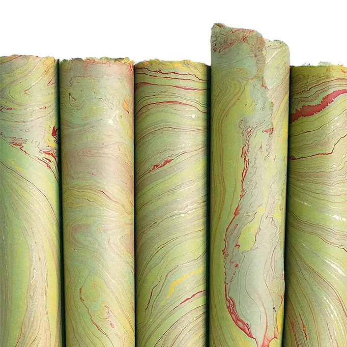 Handmade Marbled Paper- Sage Green With Red, Yellow-Green, Gold 1