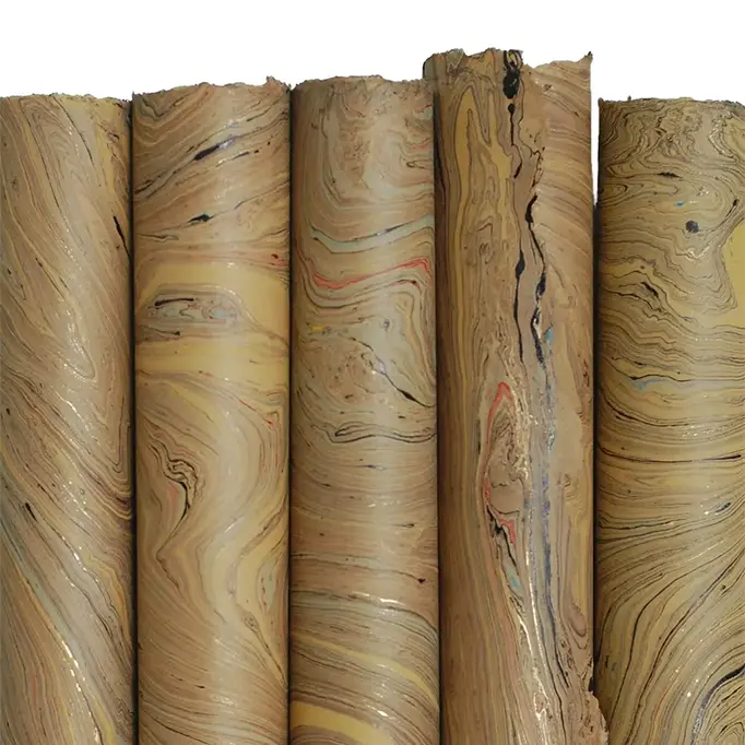 Handmade Marbled Paper- Tan With Gold, Red, Blue 1