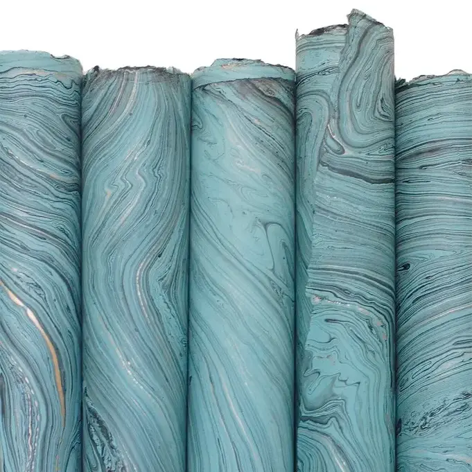 Handmade Marbled Paper- Teal With Gold And Black 1
