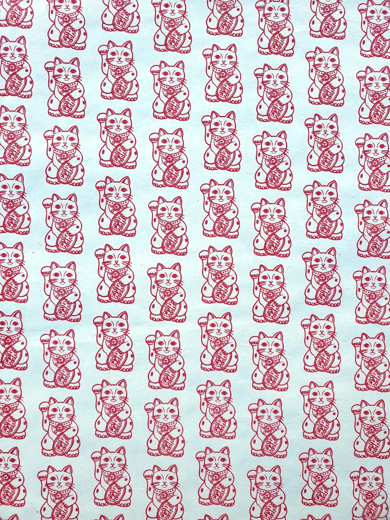 Lucky Cat Lokta Paper- Red On Cream 1